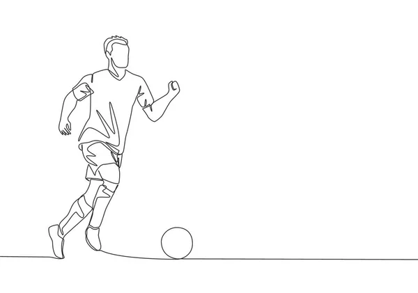 Один Непрерывный Рисунок Линии Молодого Энергичного Футболиста Дриблинг Контроль Мяч — стоковый вектор