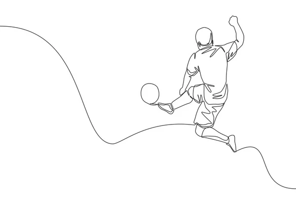 若い精力的なサッカーの攻撃者の1つの継続的なラインの描画は本当に目標には難しいボールを蹴ります サッカーはスポーツの概念と一致する 1本の線画ベクトル図 — ストックベクタ