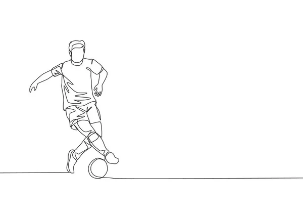 Один Непрерывный Рисунок Линии Молодого Энергичного Футболиста Контролирует Дриблинг Мяч — стоковый вектор
