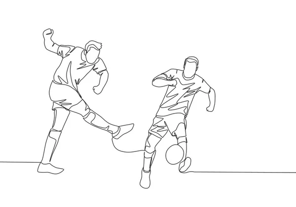 One Continuous Line Drawing Young Football Striker Shooting Ball Defender — Stock Vector