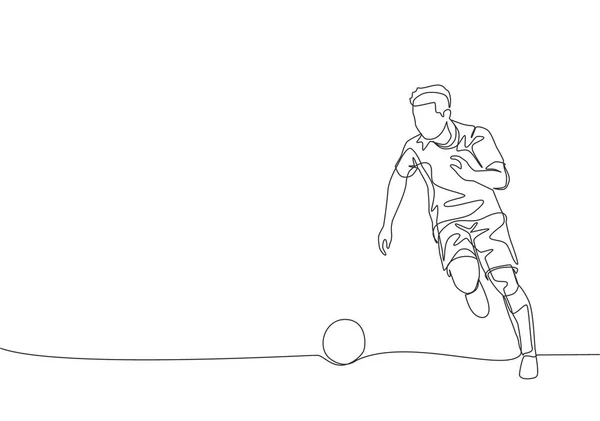 Una Línea Continua Dibujo Joven Jugador Fútbol Enérgico Regateando Pelota — Vector de stock