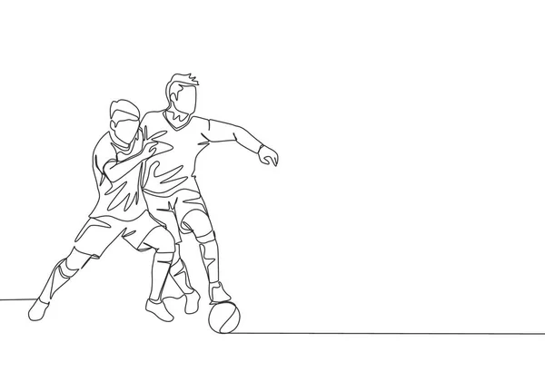 ゲームでボールのために戦う2人の若い精力的なサッカー選手の1つの連続線画 サッカーはスポーツの概念と一致する 1本の線画ベクトル図 — ストックベクタ