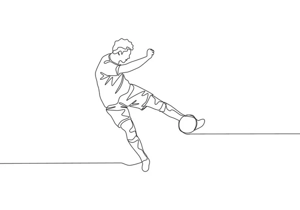 Один Непрерывный Рисунок Линии Молодых Талантливых Футболистов Стреляющих Мяч Первого — стоковый вектор