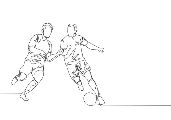 Dibujo Línea Continua Única Joven Jugador Fútbol Energético Defendiendo Pelota — Vector de stock