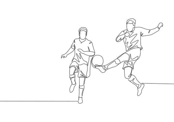 Eine Ununterbrochene Linienziehung Eines Jungen Energischen Fußballers Der Den Ball — Stockvektor