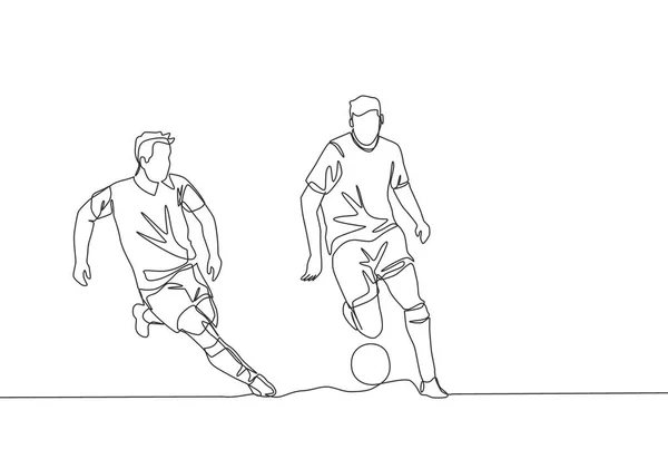 连续画一条线的年轻精力充沛的足球运动员追着流过他的球的对手 足球运动的概念 单行绘图设计矢量图解 — 图库矢量图片