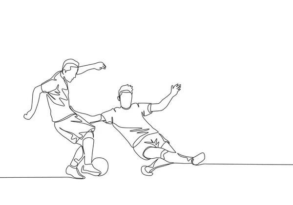 ドリブルパスをしたいときに 若い精力的なサッカー選手のスライディング相手選手のシングル連続線画 サッカーはスポーツの概念と一致する 1本の線画ベクトル図 — ストックベクタ