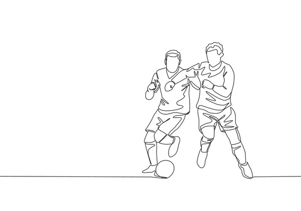 Dibujo Línea Continua Única Joven Jugador Fútbol Enérgico Codo Oponente — Vector de stock