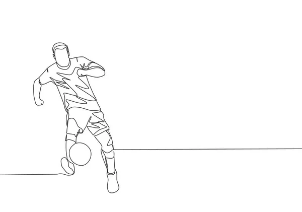 Dibujo Línea Continua Única Del Joven Jugador Fútbol Energético Que — Vector de stock