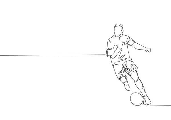 Одна Линия Рисования Молодых Талантливых Полузащитников Футбола Капает Мяч Область — стоковый вектор