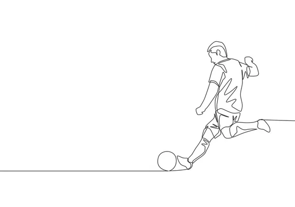 Una Sola Línea Dibujo Joven Delantero Fútbol Enérgico Tomar Tiro — Vector de stock