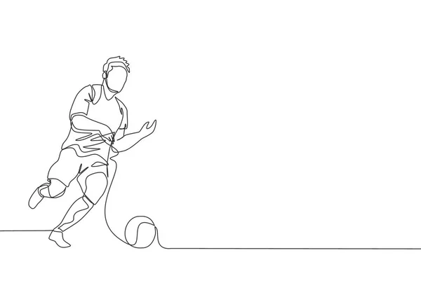 Genç Enerjik Bir Futbolcunun Maçta Topu Sürdüğü Tek Bir Çizgi — Stok Vektör