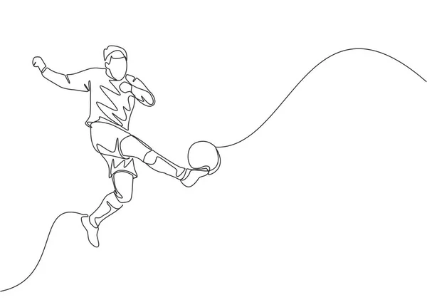 One Single Line Drawing Young Talented Football Player Win Ball — Stock Vector