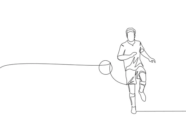 ボールを冷静にコントロールして短い袖を持つ若い幸せなサッカー選手の一本の線画が彼に渡されます サッカーはスポーツの概念と一致する 連続線画ベクトル図 — ストックベクタ