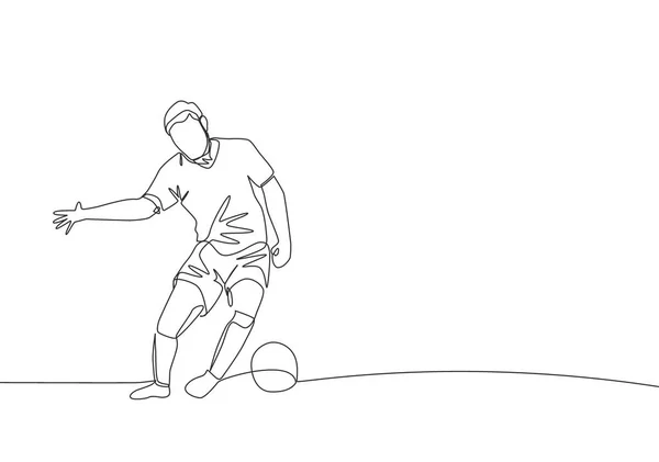 若い強いサッカーディフェンダーの一本の線画はボールをブロックし 相手を避けるためにそれを制御します サッカーはスポーツの概念と一致する 連続線画ベクトル図 — ストックベクタ
