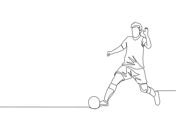 一个年轻精力充沛的足球运动员的单行图赢得了球 并把球运进了对手的区域 足球运动的概念 连续线条绘图设计矢量插图 — 图库矢量图片