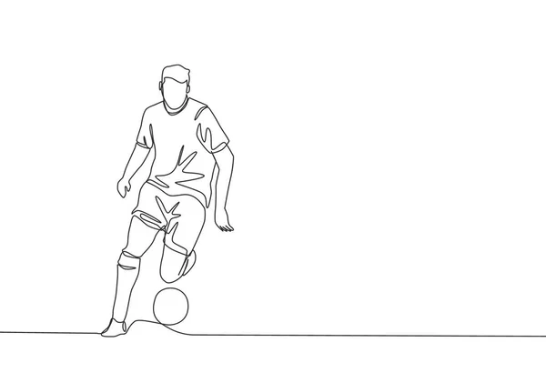 Uma Única Linha Desenho Jovem Jogador Futebol Driblando Uma Bola —  Vetores de Stock