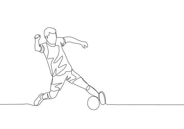 Seul Dessin Ligne Jeune Joueur Football Avec Formation Chemise Manches — Image vectorielle