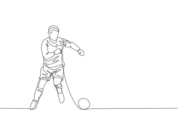 Una Sola Línea Dibujo Joven Jugador Fútbol Con Camisa Manga — Vector de stock