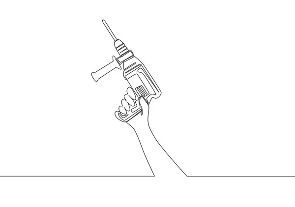 Una Sola Línea Dibujo Del Hombre Sosteniendo Máquina Taladro Mano — Archivo Imágenes Vectoriales