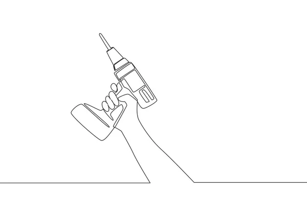 Una Línea Continua Dibujo Del Hombre Sosteniendo Máquina Perforación Portátil — Archivo Imágenes Vectoriales