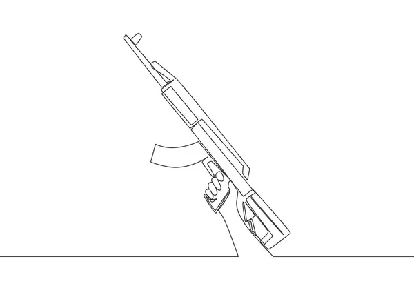 Una Línea Continua Dibujo Hombre Sosteniendo Rifle Asalto Arma Automática — Archivo Imágenes Vectoriales