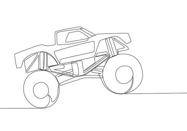 4X4轮转向怪物卡车单线绘图比赛和比赛 冒险越野车运输的概念 一个连续线条绘图设计 — 图库矢量图片