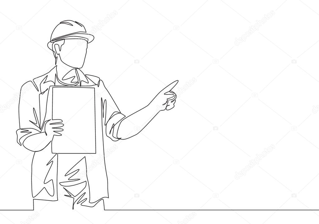 One single line drawing of young construction foreman giving instruction to team builder member. Handyman house renovation service concept. Continuous line draw design illustration