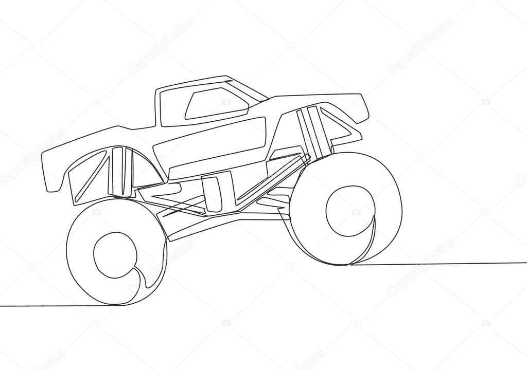Single line drawing of 4x4 wheel steering monster truck car for competition and tournament. Adventure offroad vehicle transportation concept. One continuous line draw design