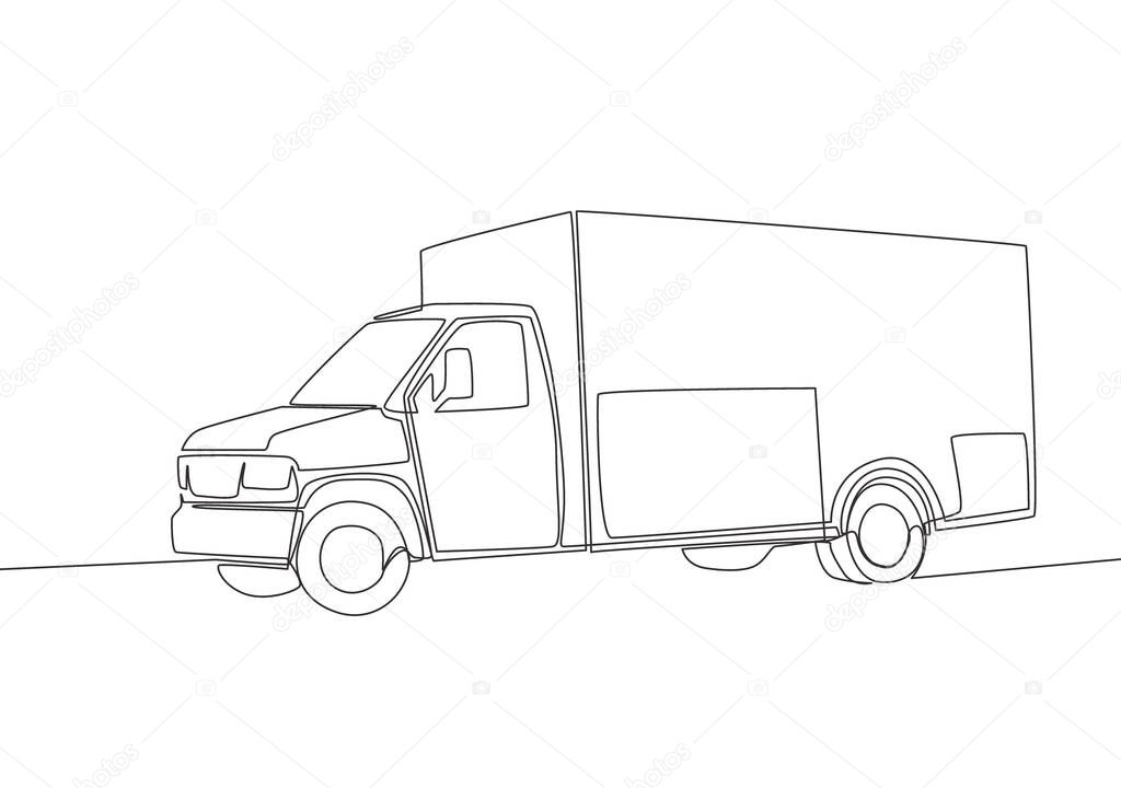 Continuous line drawing of modern trailer truck. Cargo delivery service vehicle transportation concept. One single continuous line draw design