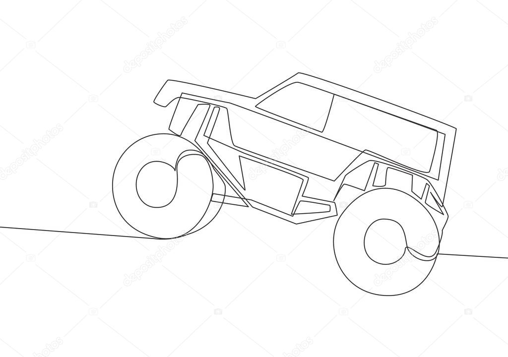 Continuous line drawing of 4x4 wheel steering offroad jeep wrangler car for competition and tournament. Rally adventure vehicle transportation concept. One single continuous line draw design