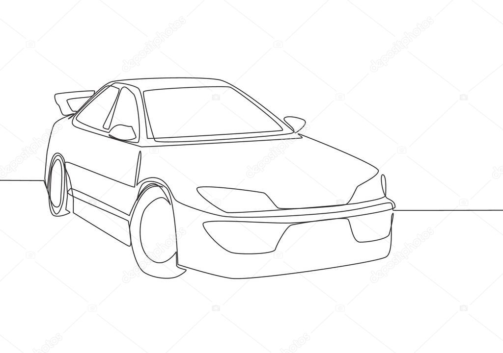 One line drawing of sporty sedan car. Stylish and trendy vehicle transportation concept. Single continuous line draw design