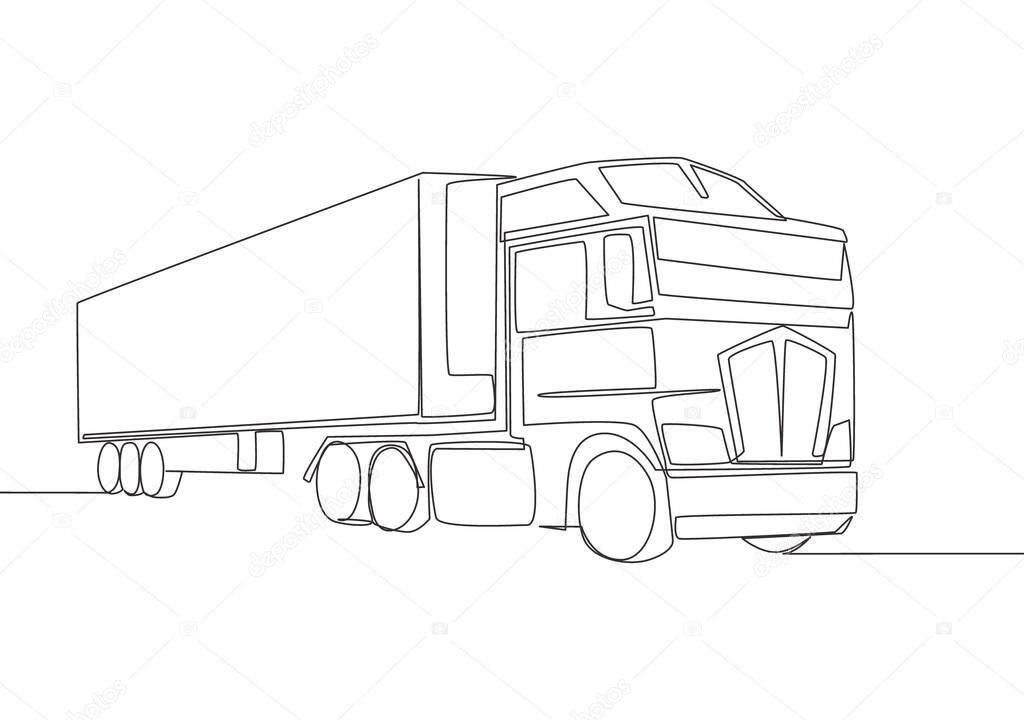 One line drawing of modern big trailer truck with container. Courier cargo delivering vehicle transportation concept. Single continuous line draw design