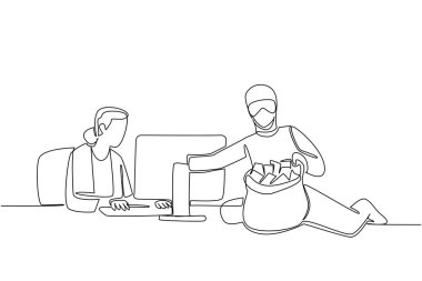 Daktilo yazan bir büyükanne ve banknot tutan bir hırsız. Bilgi sızıntısı. Hesap ihlali. Suç. Ulusal Kıdemli Sahtekârlık Günü. Bir çizgi tasarımı vektör illüstrasyonu