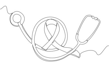 Kablolu steteskop çizen tek bir çizgi ve ortasında da mavi bir kampanya kurdelesi var. Önlemeyi düşün. Ulusal Tüberküloz Skleroz Günü. Bir çizgi tasarımı vektör illüstrasyonu