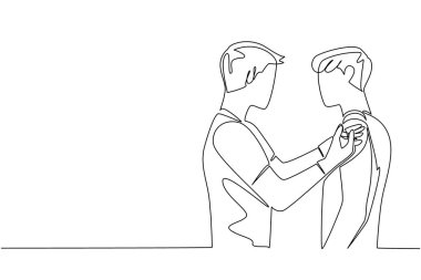 Tek sıra halinde erkek doktor erkek hastaya enjekte ediyor. İlk aşıyı yapmak için. Tehlikeli korona virüsü. Daha sağlıklı yaşa. Ulusal Güvenlik İlaç Günü. Bir çizgi tasarımı vektör illüstrasyonu