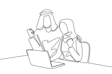 Bir satırda sürekli bir sandalyede oturup dizüstü bilgisayara bakan Arap bir kadın çiziyor. İnternetteki bir sınavı kazanmanın mutluluğu. Bir taklit hediyesi. - Sürpriz. Tek çizgi çizimi tasarım vektör çizimi