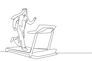 Türbanlı Arap adamın kalp atışıyla koşu bandında koştuğu bir hat devam ediyor. Sağlığınıza dikkat edin. Spor. Ulusal İşçi Sağlık ve Spor Günü. Tek çizgi çizimi tasarım vektör çizimi