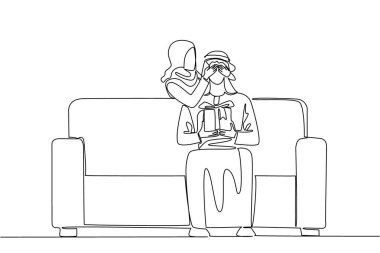 Tek sıra halinde, elinde hediye kutusuyla koltukta oturan bir Arap çiziyor. Her zaman mutluluk yaratmanın bir yolu vardır. Sevgi. Dikkat et. Mükemmel bir çift. - Sürpriz. Devamlı çizgi tasarımı grafik çizimi