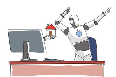 Minyatür bir evi tutarken robotun tek bir çizgisi ekrandan çekiliyor. Hayalindeki evi yapay zeka teknolojisiyle tasarla. Screen 'deki şeyler. Devamlı çizgi tasarımı grafik çizimi