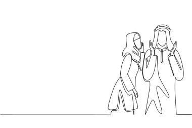 Arap bir kadının, iki elini de kaldıran bir Arap 'a fısıldadığı tek satır. Gizlice hassas şeylerden konuşmak. Dikkat et. Sevgi dolu. - Sürpriz. Devamlı çizgi tasarımı grafik çizimi