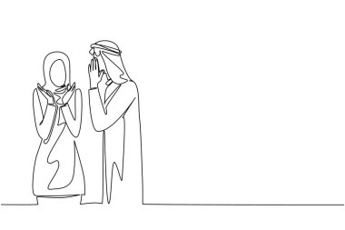 Sürekli bir çizgi halinde, Arap bir adam iki elini de kaldıran Arap bir kadına fısıldıyor. Samimi fısıltılarla aşkı ifade etmek. Aşkım. - Sürpriz. Tek çizgi çizimi tasarım vektör çizimi