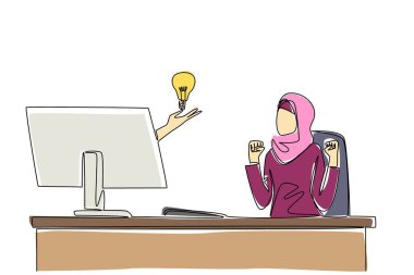 Ampul lambası tutarken ekrandan elini çeken tek bir çizgi. İlham aniden gelir. Heyecan verici. Tezahürat. Screen 'deki şeyler. Devamlı çizgi tasarımı grafik çizimi