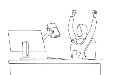 Bir satır kalın bir kitabı tutarken ekrandan el çiziyor. Kariyer kitabı. Bir iş kurmada başarı. Screen 'deki şeyler. Devamlı çizgi tasarımı grafik çizimi