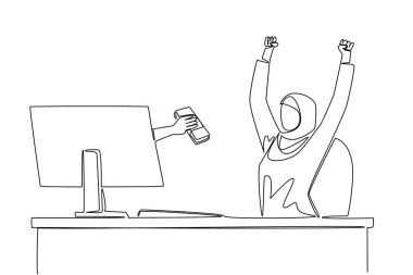 Elinde banknotlar tutarken ekrandan elini çeken tek bir çizgi. Yatırımdan hızlı kazanç. Kâra odaklan. Screen 'deki şeyler. Devamlı çizgi tasarımı grafik çizimi