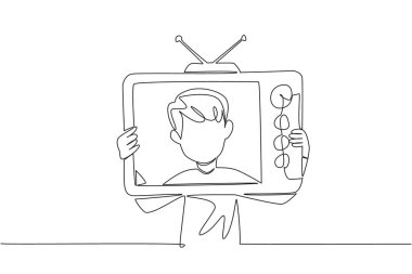 Tek sıra halinde elinde kartondan yapılmış eski bir televizyon tutan bir çocuk. Kanallar uzaktan kumandası olmadan elle değiştiriliyor. Analog televizyon. İçerideki televizyon. Devamlı çizgi tasarımı grafik çizimi