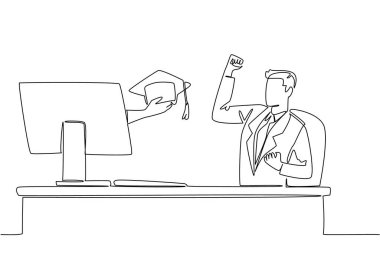 Mezuniyet şapkası tutarken monitör ekranından sürekli tek bir çizgi çekiliyor. İş yapmak eğitimi unutmaz. Akıllıca. Screen 'deki şeyler. Bir çizgi tasarımı vektör illüstrasyonu