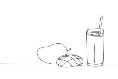 Tek sıra halinde, bardakta pipetle bir bardak mango suyu çiziyor. Lezzetli ve vitamin zengini mango püresi. Taze. Çok tatlı. Ulusal Meyve Suyu Günü. Bir çizgi tasarımı vektör illüstrasyonu