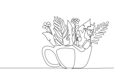 Sırılsıklam sırılsıklam sırılsıklam sırılsıklam giyinmiş bir adam çiziyor. Kahve içerken vücudu rahatlatarak. Boş zaman. İç Kupa 'yı ıslatmak. Bir çizgi tasarımı vektör illüstrasyonu