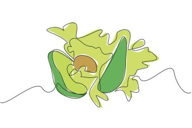 Avokadoyu iki parçaya ayıran bir çizgi devam ediyor ve aşağıdan su fışkırtıyor. Avokado diliminden sağlıklı beslenme. Juice Splash. Tek çizgi çizimi tasarım vektör çizimi